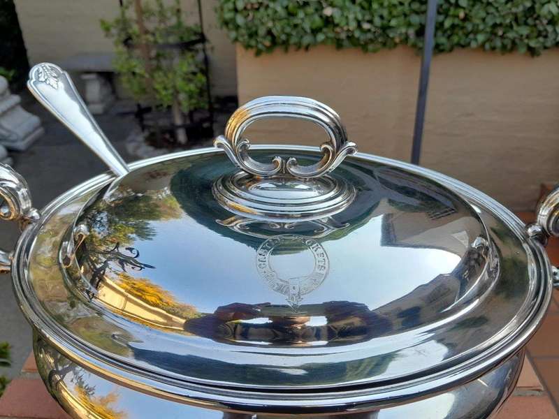 A 20th Century English  Electroplate Soup Tureen with Handles and Cover and Matching Ladle  Elk...