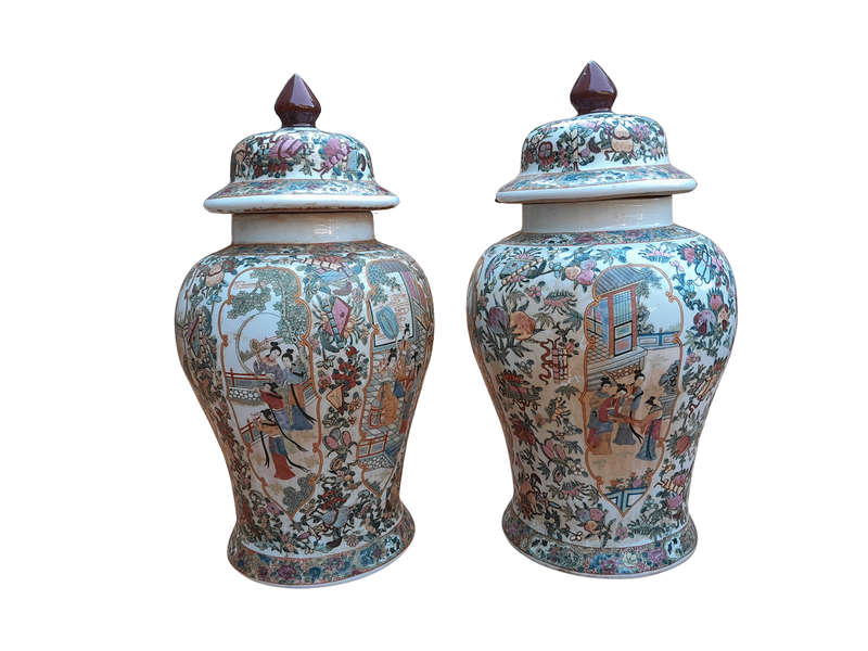 A 20th Century Pair of Chinese Famille Rose Porcelain Covered Urns