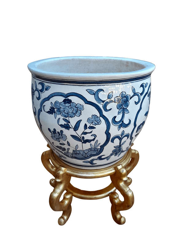 A 20th Century Painted Large Size Decorative Bowl On Carved Wooden And Hand Gilded Stand