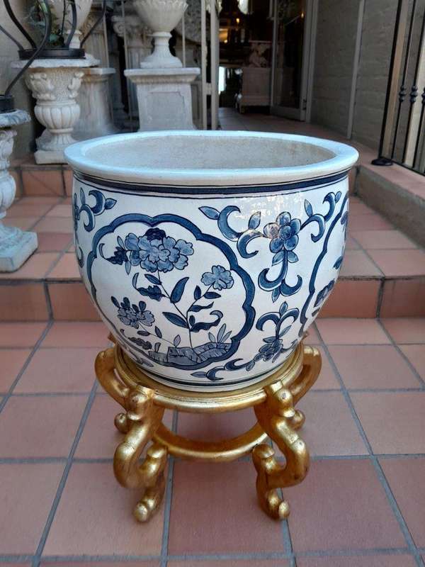 A 20th Century Painted Large Size Decorative Bowl On Carved Wooden And Hand Gilded Stand