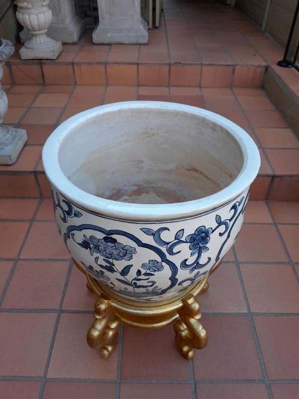 A 20th Century Painted Large Size Decorative Bowl On Carved Wooden And Hand Gilded Stand