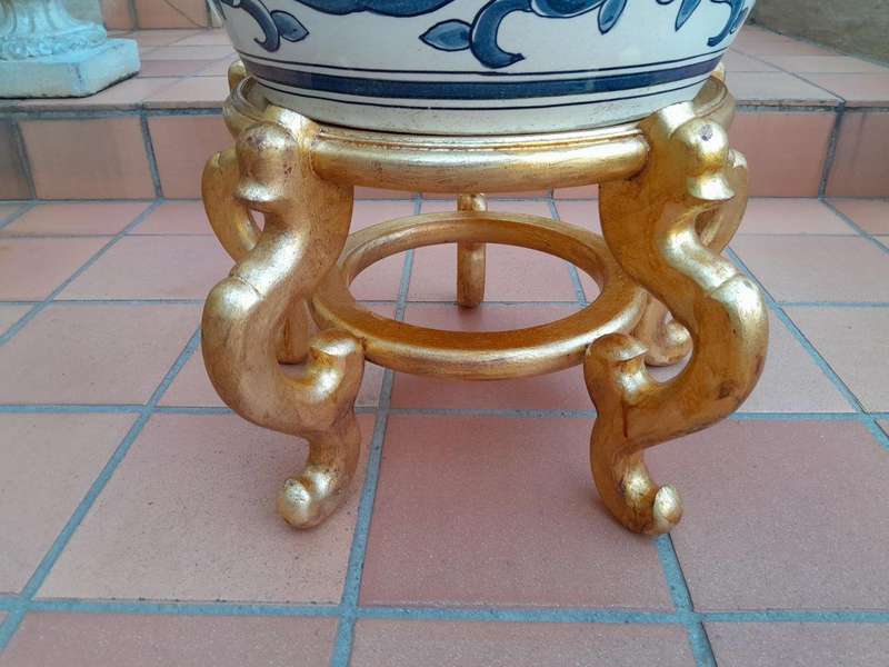 A 20th Century Painted Large Size Decorative Bowl On Carved Wooden And Hand Gilded Stand