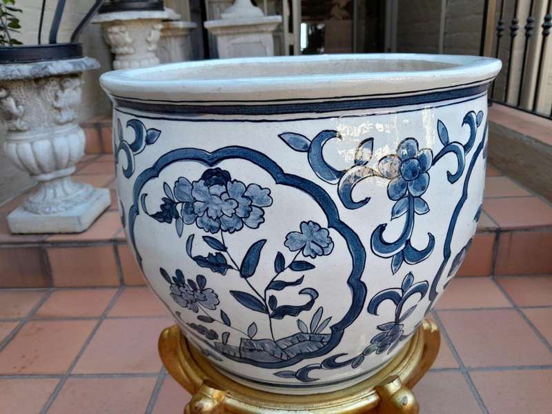 A 20th Century Painted Large Size Decorative Bowl On Carved Wooden And Hand Gilded Stand