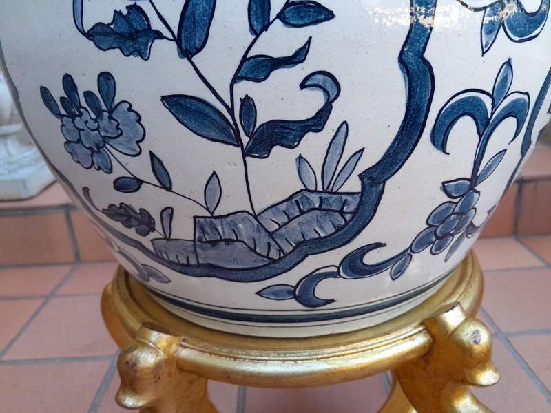 A 20th Century Painted Large Size Decorative Bowl On Carved Wooden And Hand Gilded Stand