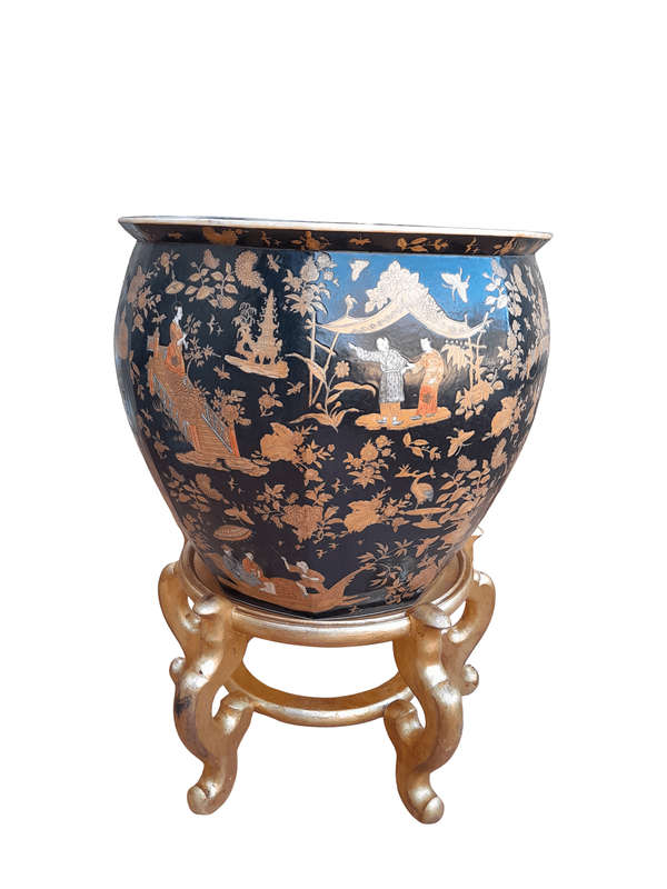 A 20th Century Chinese Famille Large Size Decorative Bowl On Carved And Hand Gilded Stand