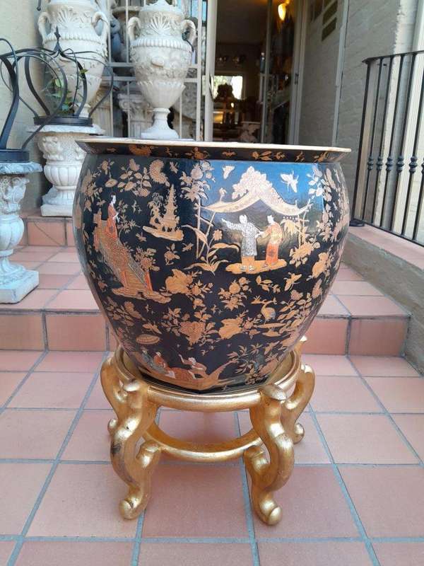 A 20th Century Chinese Famille Large Size Decorative Bowl On Carved And Hand Gilded Stand