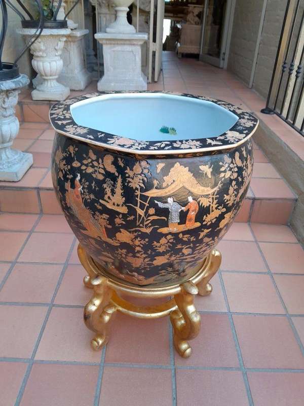 A 20th Century Chinese Famille Large Size Decorative Bowl On Carved And Hand Gilded Stand