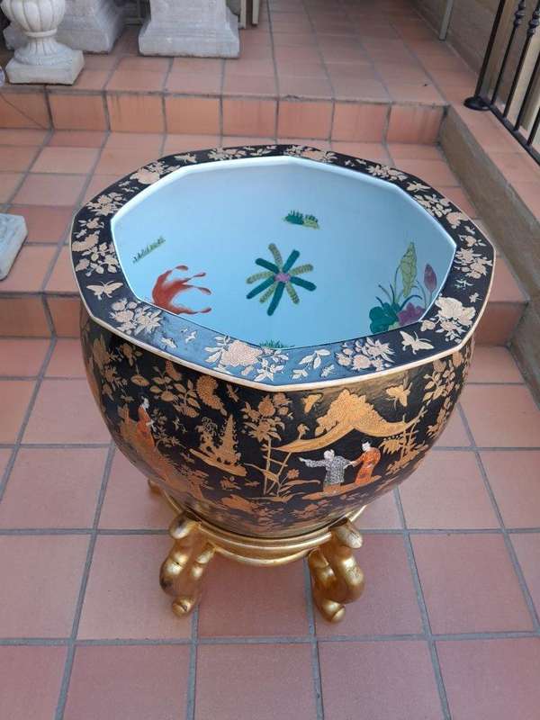 A 20th Century Chinese Famille Large Size Decorative Bowl On Carved And Hand Gilded Stand