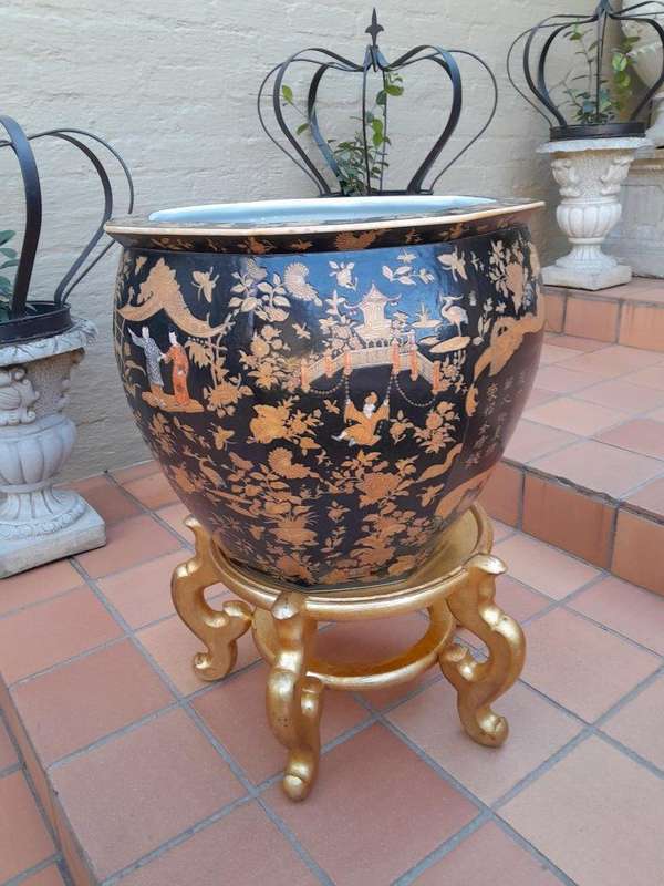 A 20th Century Chinese Famille Large Size Decorative Bowl On Carved And Hand Gilded Stand