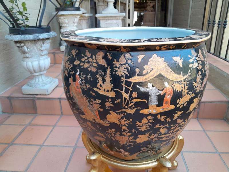 A 20th Century Chinese Famille Large Size Decorative Bowl On Carved And Hand Gilded Stand