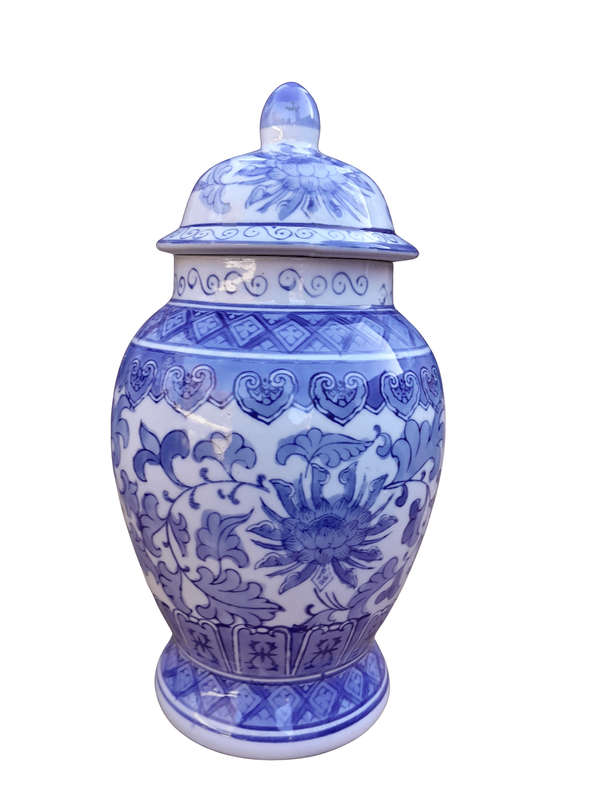A 20th Century Chinese Blue And White Painted Vase With Lid