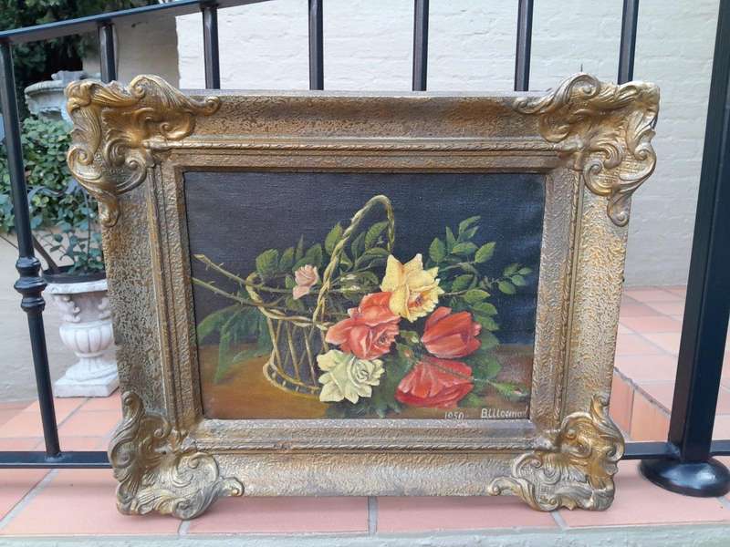 A Mid 20th Century Floral Oil Painting In Ornately Gilded Frame. Purchased In France