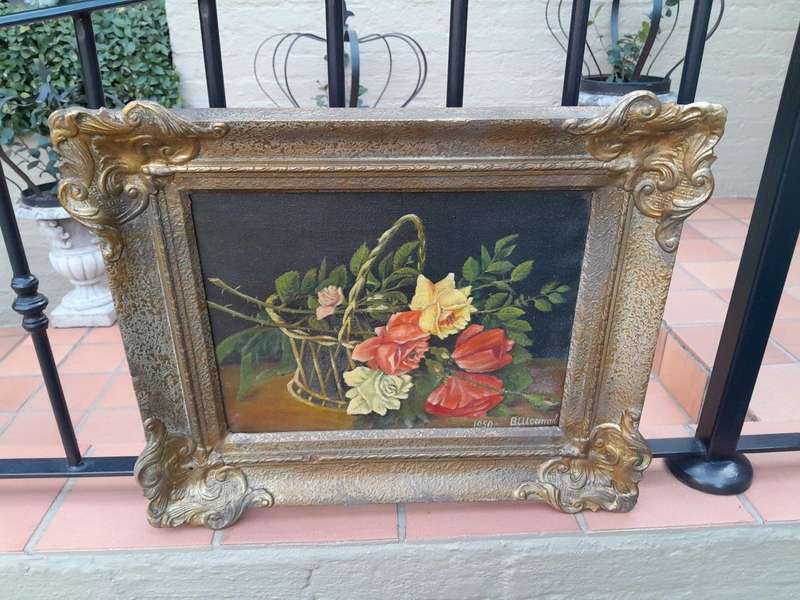 A Mid 20th Century Floral Oil Painting In Ornately Gilded Frame. Purchased In France