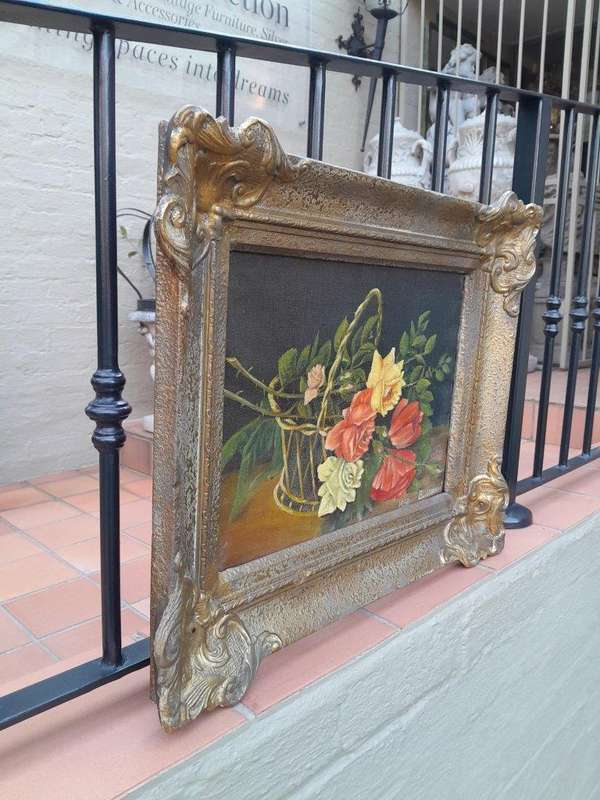 A Mid 20th Century Floral Oil Painting In Ornately Gilded Frame. Purchased In France