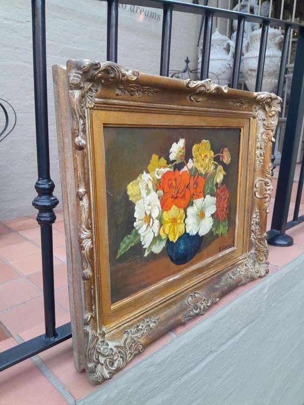 A 20th Century Oil Painting Of Flowers In Ornately Gilded Frame. Purchased In France