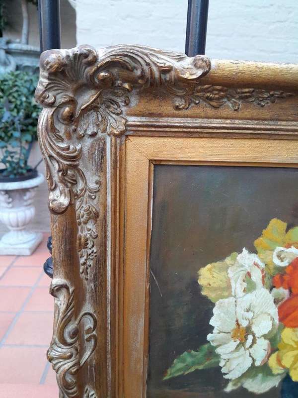 A 20th Century Oil Painting Of Flowers In Ornately Gilded Frame. Purchased In France