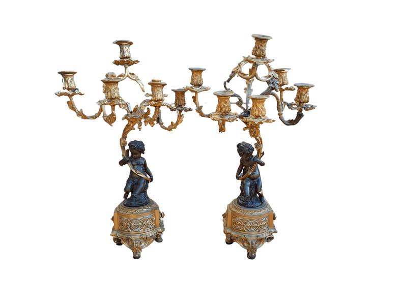 A 19TH Century Large Size Pair of French Louis VI Gilt Bronze Putti Candelabras