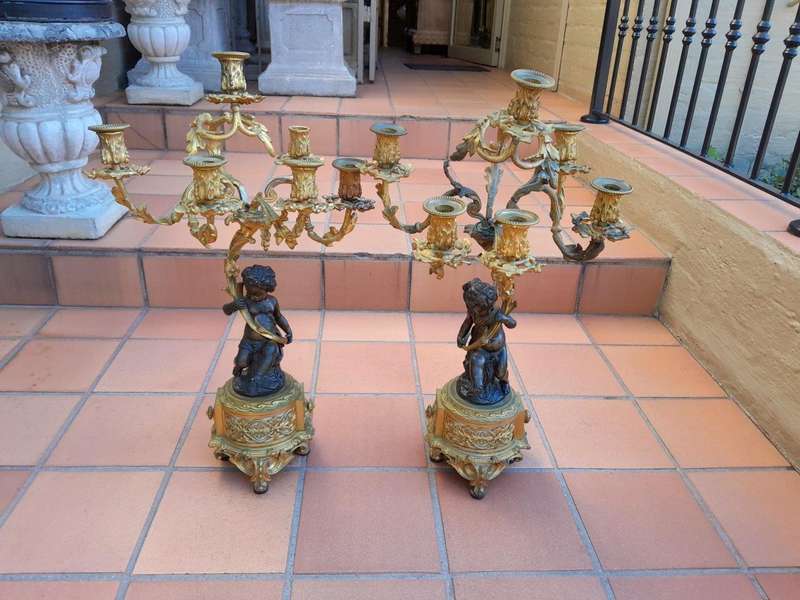 A 19TH Century Large Size Pair of French Louis VI Gilt Bronze Putti Candelabras