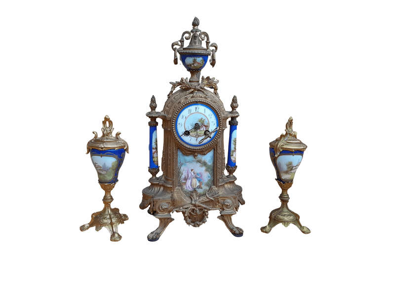 A 19th Century French Garniture Set With Gilt Bonze Clock With Key  And Pair Of Gilt Metal Porce...