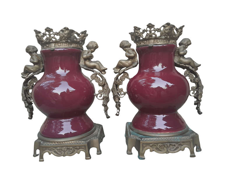 A Pair Of French Decorative Porcelain Cherub & Ormolu Urns