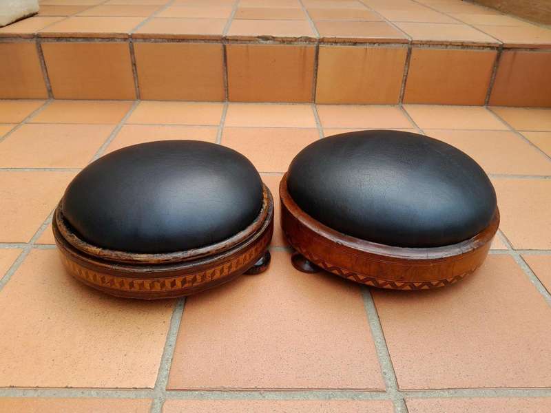 A Set of Two Antique 19thC Carved Walnut and Inlaid Foot Stools Upholstered in Leather
