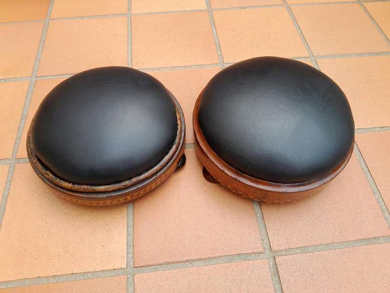 A Set of Two Antique 19thC Carved Walnut and Inlaid Foot Stools Upholstered in Leather