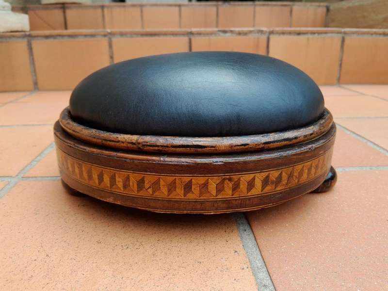 A Set of Two Antique 19thC Carved Walnut and Inlaid Foot Stools Upholstered in Leather