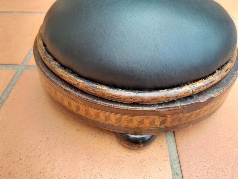 A Set of Two Antique 19thC Carved Walnut and Inlaid Foot Stools Upholstered in Leather