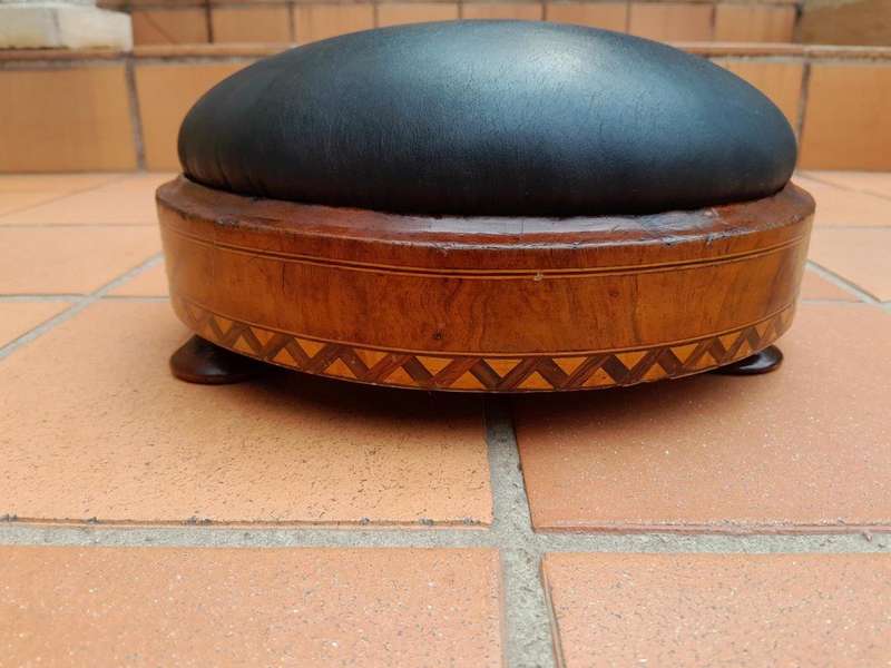 A Set of Two Antique 19thC Carved Walnut and Inlaid Foot Stools Upholstered in Leather