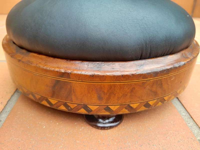 A Set of Two Antique 19thC Carved Walnut and Inlaid Foot Stools Upholstered in Leather