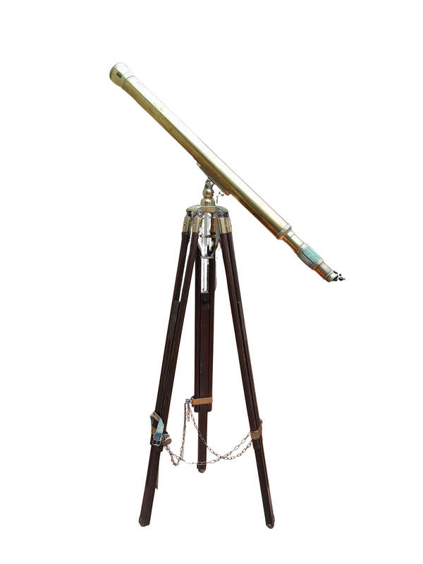 A 20th Century Solid Brass Stanley London Telescope on Tripod Teak Wood Stand with Brass Mounts a...