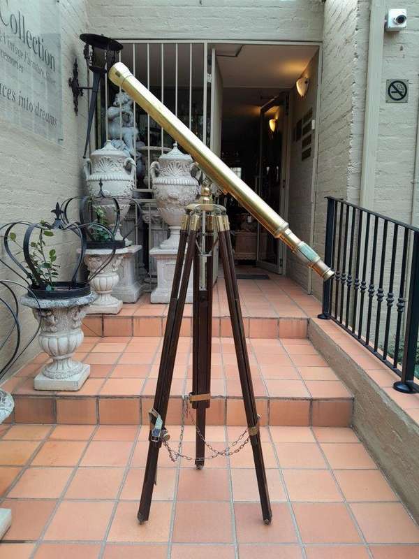 A 20th Century Solid Brass Stanley London Telescope on Tripod Teak Wood Stand with Brass Mounts a...