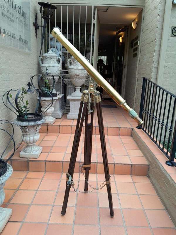 A 20th Century Solid Brass Stanley London Telescope on Tripod Teak Wood Stand with Brass Mounts a...