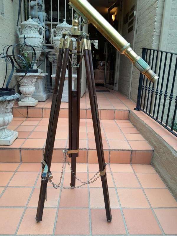 A 20th Century Solid Brass Stanley London Telescope on Tripod Teak Wood Stand with Brass Mounts a...
