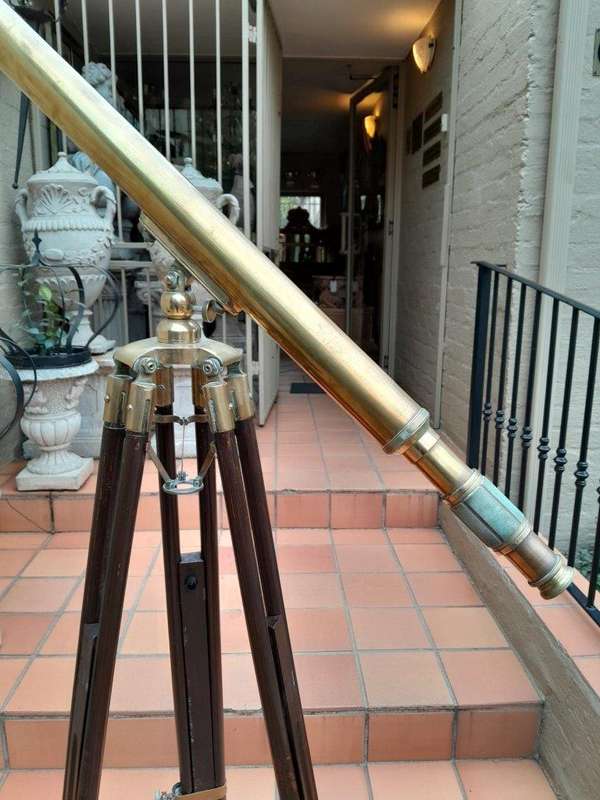 A 20th Century Solid Brass Stanley London Telescope on Tripod Teak Wood Stand with Brass Mounts a...