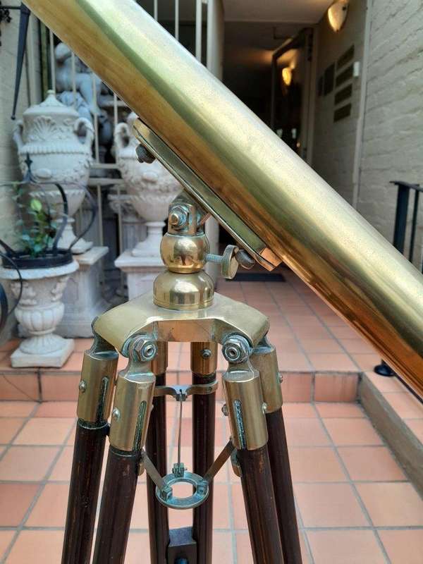 A 20th Century Solid Brass Stanley London Telescope on Tripod Teak Wood Stand with Brass Mounts a...