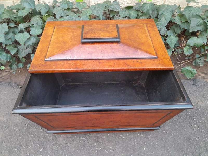 An Antique Victorian  Birds Eye Maple and Ebonised Cellarette with Metal Inner for Ice and Origi...