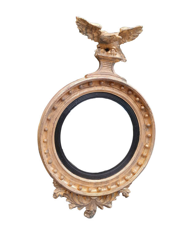 An  English Antique 19th Century Circa 1830s Regency Convex Mirror with Eagle and Ball Detail