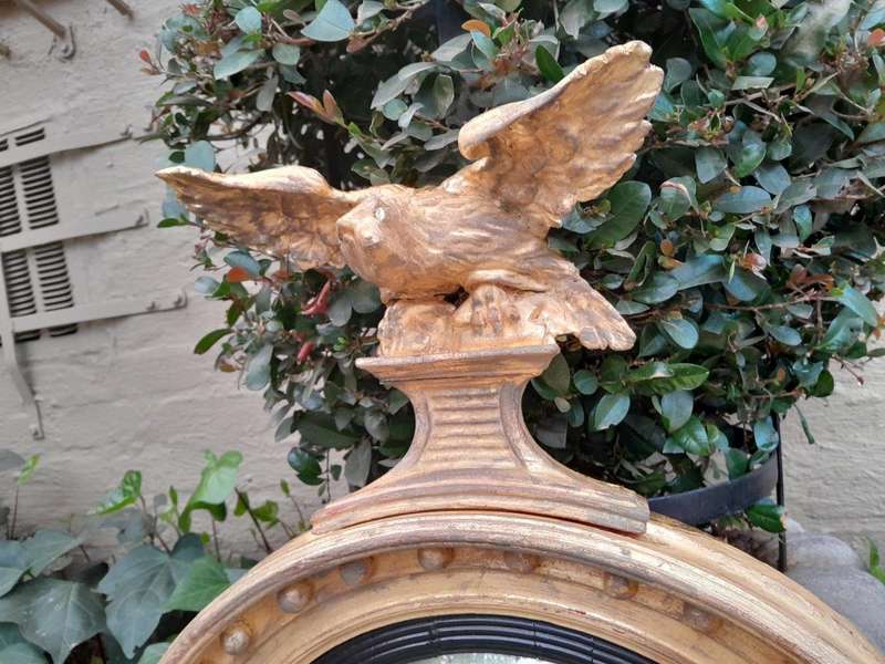 An  English Antique 19th Century Circa 1830s Regency Convex Mirror with Eagle and Ball Detail