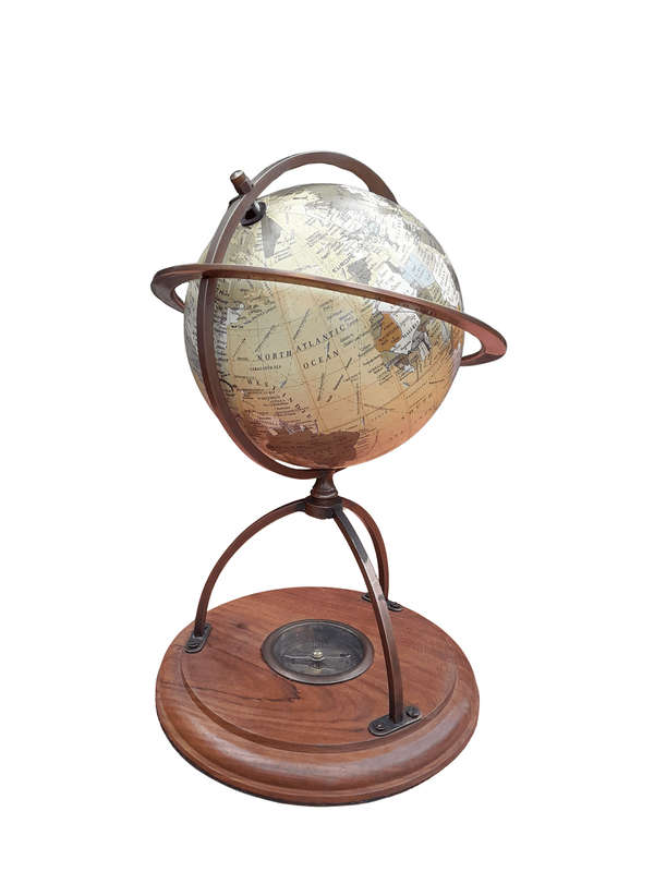 A 20th Century Library Rotating Globe with Brass Mounts and on Wooden Base with Compass