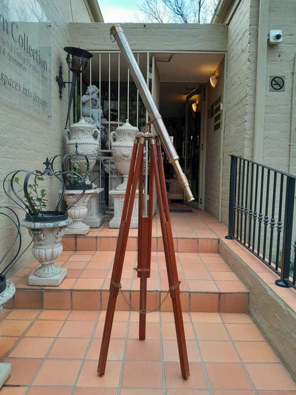 A 20TH Century Solid Brass Telescope on Adjustable Teak Wood Tripod Stand With Brass Fittings and...