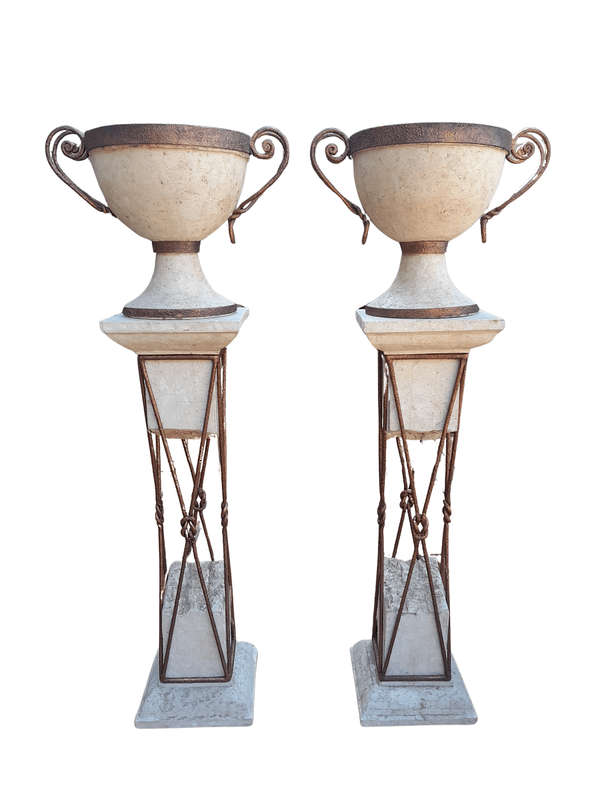 A 20th Century Decorative Pair Of Metal And Stone Urns On Stands