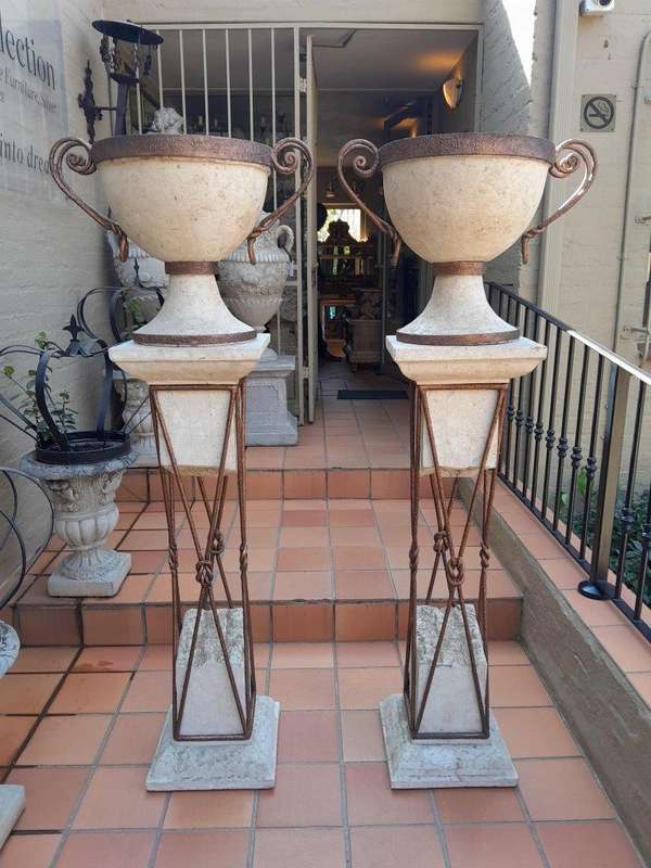 A 20th Century Decorative Pair Of Metal And Stone Urns On Stands