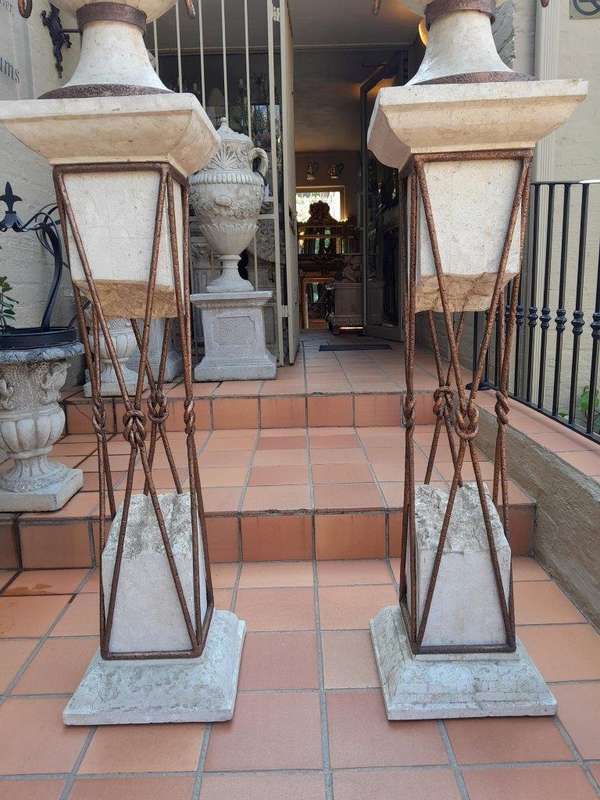 A 20th Century Decorative Pair Of Metal And Stone Urns On Stands