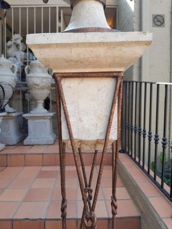 A 20th Century Decorative Pair Of Metal And Stone Urns On Stands