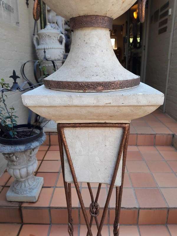 A 20th Century Decorative Pair Of Metal And Stone Urns On Stands