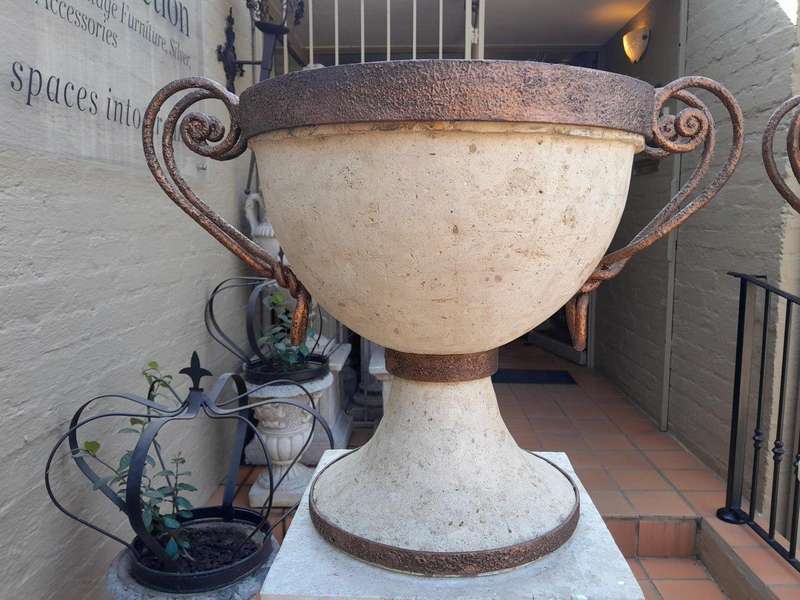 A 20th Century Decorative Pair Of Metal And Stone Urns On Stands