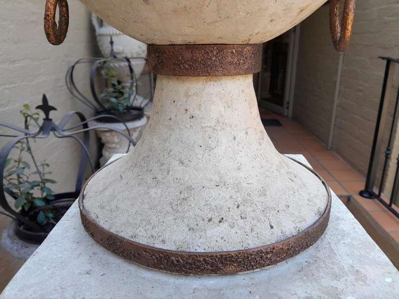 A 20th Century Decorative Pair Of Metal And Stone Urns On Stands