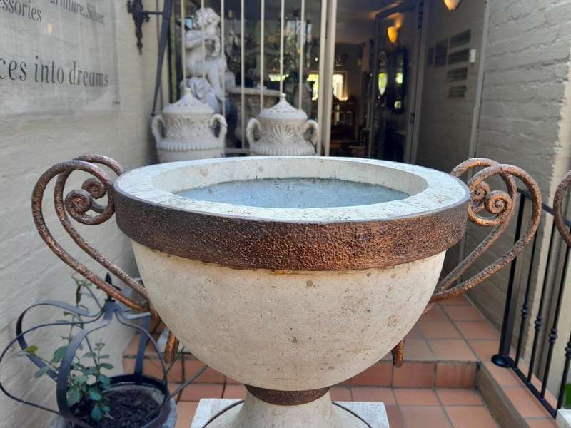 A 20th Century Decorative Pair Of Metal And Stone Urns On Stands