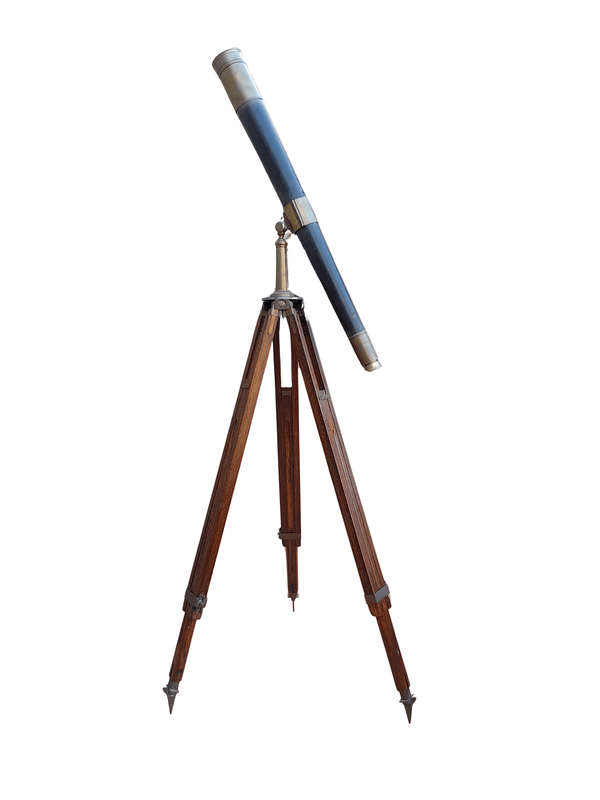 An Antique Brass And Leather Telescope On Brass And Oak Tripod Stand